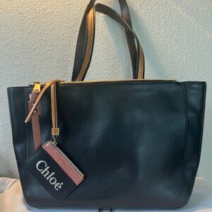 Chloé Leather Shoulder Tote Purse Black and Tan Authentic
